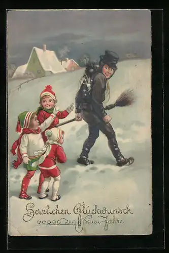 AK Schornsteinfeger und Kinder im Schnee zu Neujahr