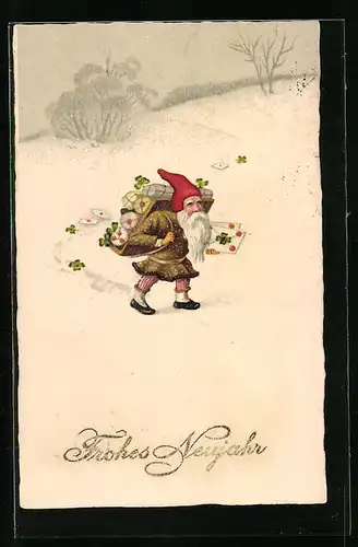 AK Zwerg mit Geschenken im Schnee