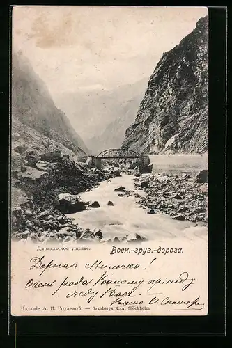 AK Georgische Heerstrasse, Reissender Fluss mit Brücke