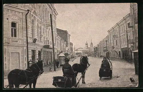 AK Pskow, Oktoberstrasse mit Pferdeschlitten im Winter