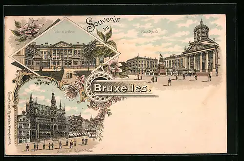 Lithographie Brüssel / Bruxelles, Maison du Roi & Maison des Tailleurs, Palais de la Nation, Place Royale