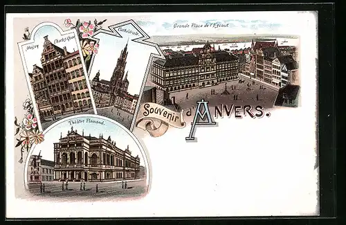 Lithographie Anvers, Grande Place de l`Escaut, Maison Charles-Quint, Cathédrale
