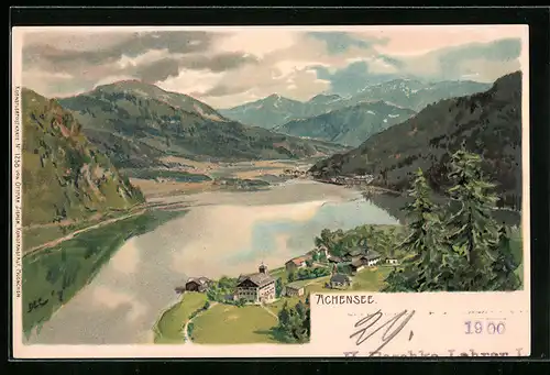 Künstler-AK Edward Theodore Compton: Achensee, Blick auf Dorf, See und Gebirge