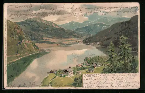 Künstler-AK Edward Theodore Compton: Achensee, Blick auf Dorf, See und Gebirge