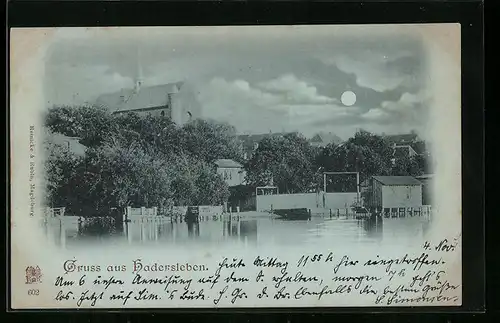 Mondschein-AK Hadersleben, Flusspartie im Mondlicht
