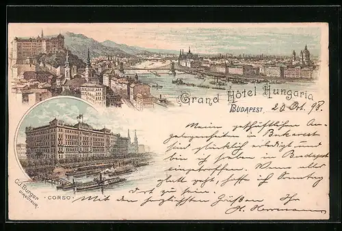 Lithographie Budapest, Grand Hotel Hungaria, Totalansicht