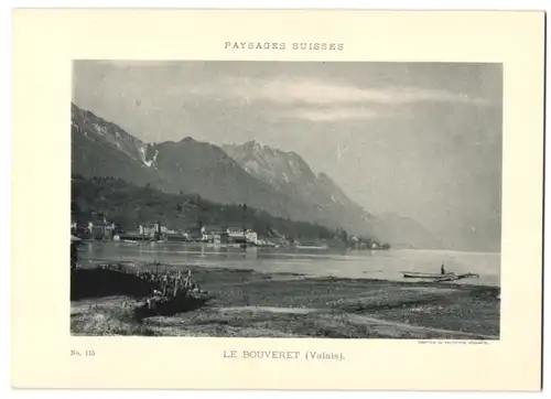 Fotografie - Lichtdruck Phototypie Neuchatel, Ansicht Le Bouveret / Valais, Ortsansicht mit Uferpartie & Gebirgsmassiv