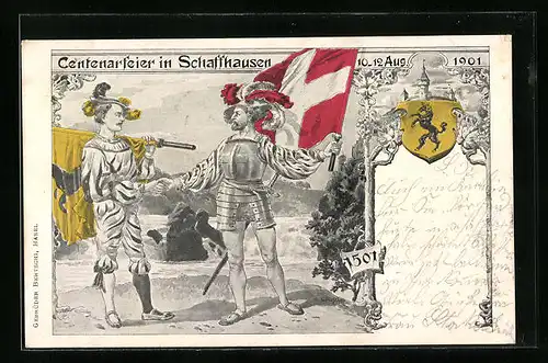 Künstler-AK Schaffhausen, Centenarfeier 1901, Landsknechte beim Handschlag