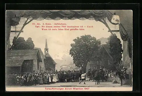 AK Zürich-Wiedikon, Tellaufführungen 1906, III. Akt, 3. Scene, Apfelschuss