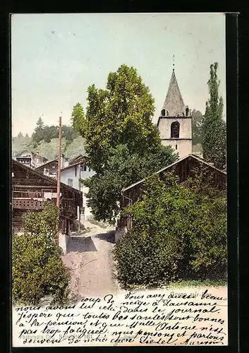 AK Gryon sur Bex, Strassenpartie mit Kirchturm