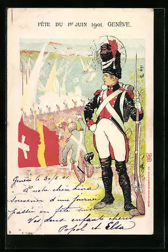 Lithographie Genève, Fete du 1er Juin 1901, Soldat in Uniform