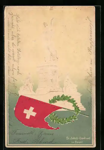 Präge-AK Basel, St. Jakob-Denkmal und schweizer Fahne