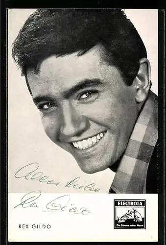 AK Musiker Rex Gildo mit freundlichen Lächeln, Autograph