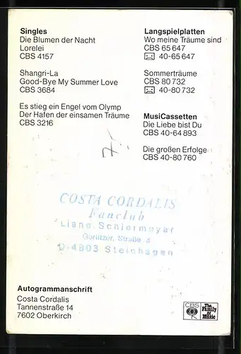 AK Musiker Costa Cordalis mit Mikro, Autograph