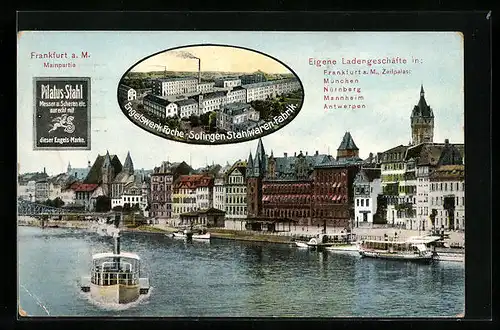 AK Frankfurt a. M., Engelswerk Foche-Solingen Stahlwaren-Fabrik, Mainpartie mit Dampfern