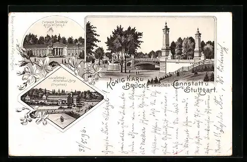 Lithographie Stuttgart, König Karl-Brücke, Curhaus und Standbild