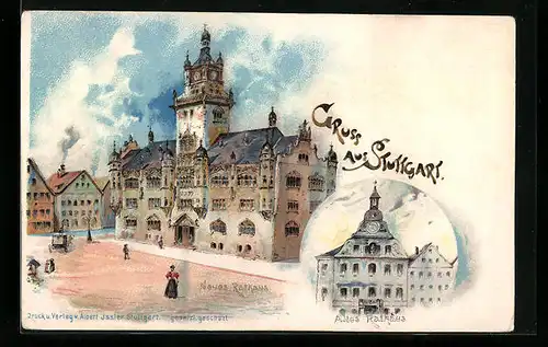 Lithographie Stuttgart, Neues Rathaus, Altes Rathaus