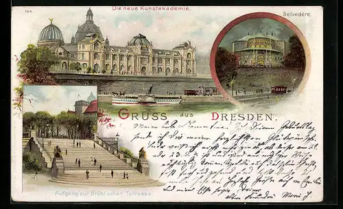 Lithographie Dresden, Die neue Kunstakademie, Aufgang zur Brühl`schen Terrasse