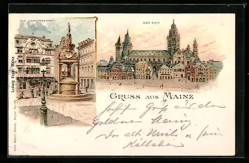 Lithographie Mainz, Der Marktbrunnen, Der Dom