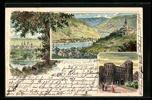 Lithographie Trier, Porta Nigra, Cochem