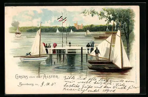 Lithographie Hamburg-St.Georg, Partie an der Alster