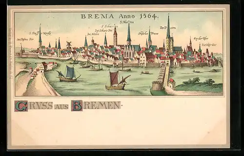 Lithographie Bremen, Stadt im Jahre 1564, Dom, Segelschiffe