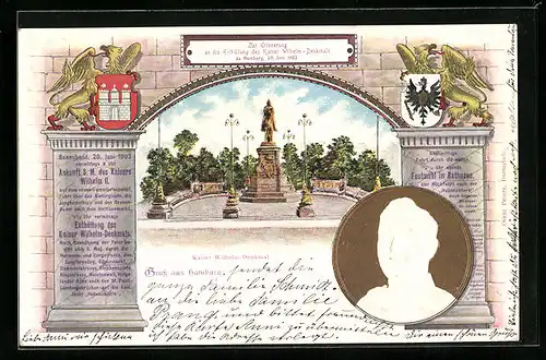 Lithographie Hamburg, Erinnerung Enthüllung Denkmal Kaiser Wilhelm 20. Juni 1903, Konterfei Kaiser Wilhelm II.
