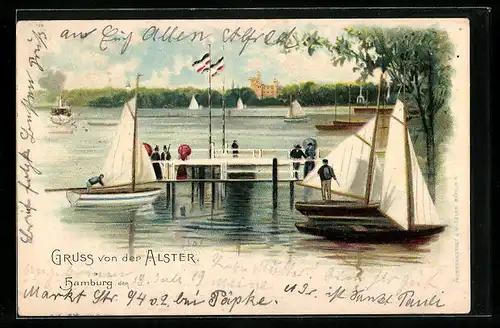 Lithographie Hamburg-St.Georg, Partie an der Alster