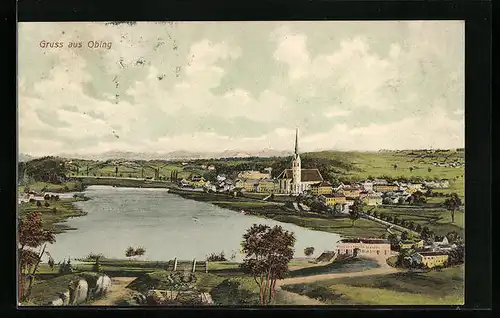 Künstler-AK Obing, Totalansicht der Gemeinde
