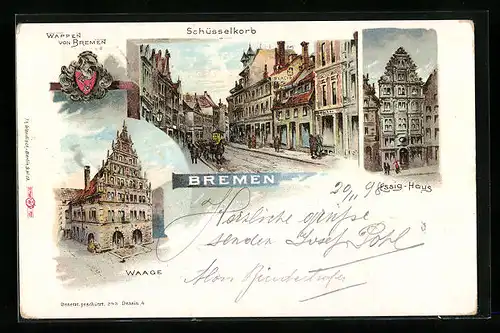 Lithographie Bremen, Soege Strasse, Waage und Essig-Haus