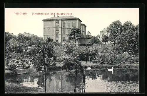 AK Geithain, Blick auf Schwanenteich und Bürgerschule