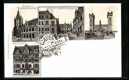 Lithographie Cöln, Rathhaus am Stadthausplatz, Stadtbibliothek, Eisenbahnbrücke
