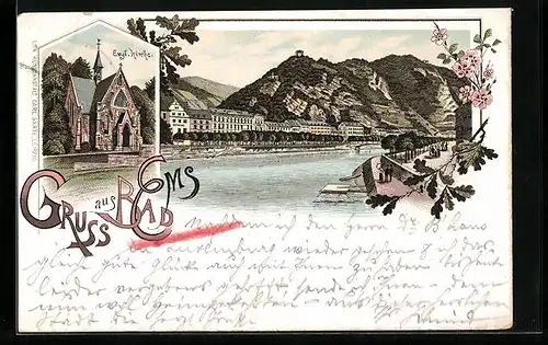 Vorläufer-Lithographie Bad Ems, Engl. Kirche, Totalansicht, 1895