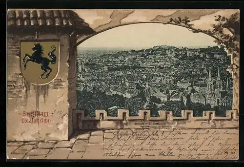 AK Stuttgart, Totalansicht der Stadt, Wappen