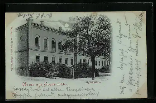 Mondschein-AK Eberswalde, Gymnasium mit Strassenpartie