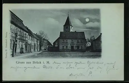 Mondschein-AK Brück i. M., Ortspartie mit Kirche