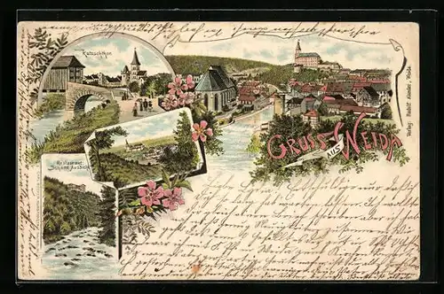 Lithographie Weida, Katzschthor, Restaurant Schöne Aussicht