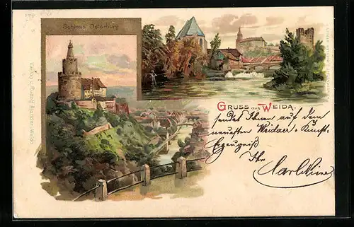 Lithographie Weida, Ortsansicht mit Schloss Osterburg