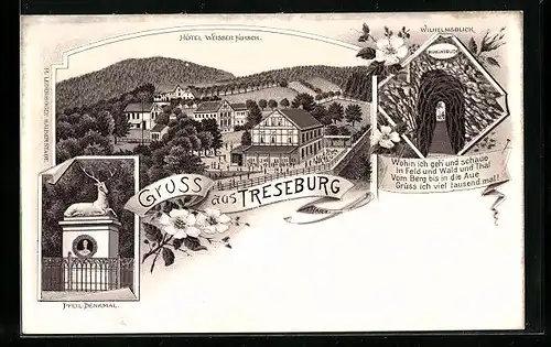 Lithographie Treseburg, Hôtel Weisser Hirsch, Pfeil-Denkmal, Wilhelmsblick