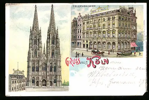 Lithographie Köln, Dom und Hotel St. Paul