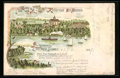 Lithographie Kellersee, Ortsansicht mit Schiffen und Hotel Holstein. Schweiz