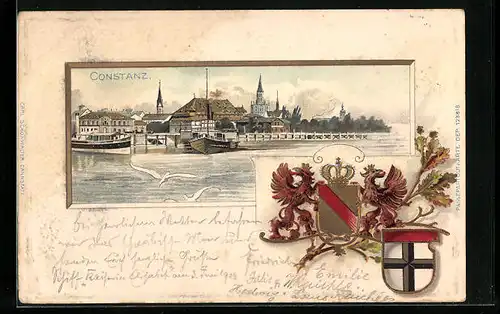 Passepartout-Lithographie Constanz, Ortsansicht, geprägte Wappen mit Eichenlaub