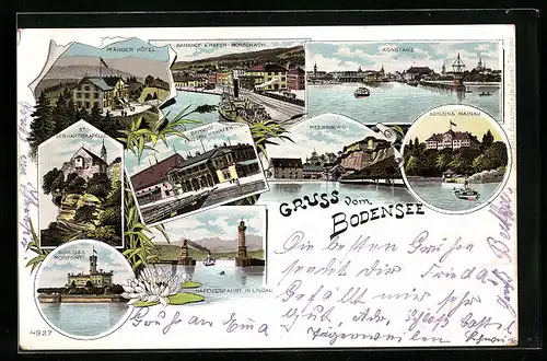 Lithographie Konstanz, Ortsansicht und verschiedene Ansichten und Orte am Bodensee