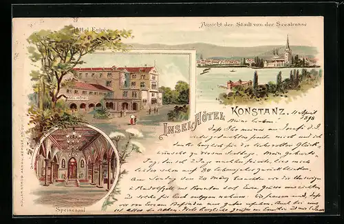 Lithographie Konstanz, Ansicht der Stadt von der Seestrasse und Insel-Hôtel