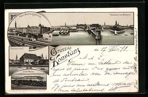 Lithographie Konstanz, Panorama, Post u. Bahnhofsgebäude, Insel Mainau