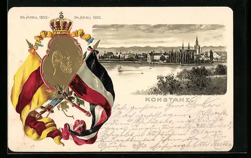 Passepartout-Lithographie Konstanz, Uferpartie mit Kirche, Portrait mit Fahnen, 1852-1902