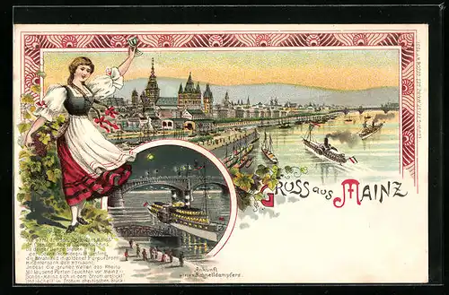 Lithographie Mainz, Ortsansicht, Ankunft eines Schnelldampfers, Frau in Tracht