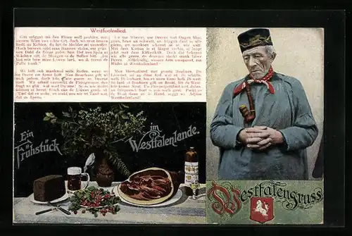 AK Frühstück im Westfalenlande mit Pumpernickel und Steinhäger, Alter Westfale, Wappen