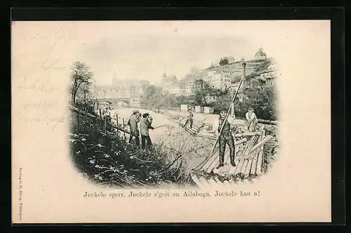 AK Tübingen, Flösser beim Flössen von Holzstämmen