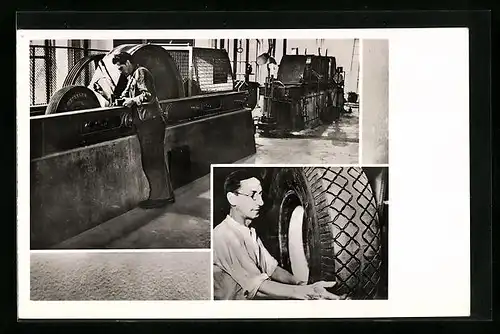 AK München, Metzeler-Werke, Arbeiter bei der Kontrolle von Reifen